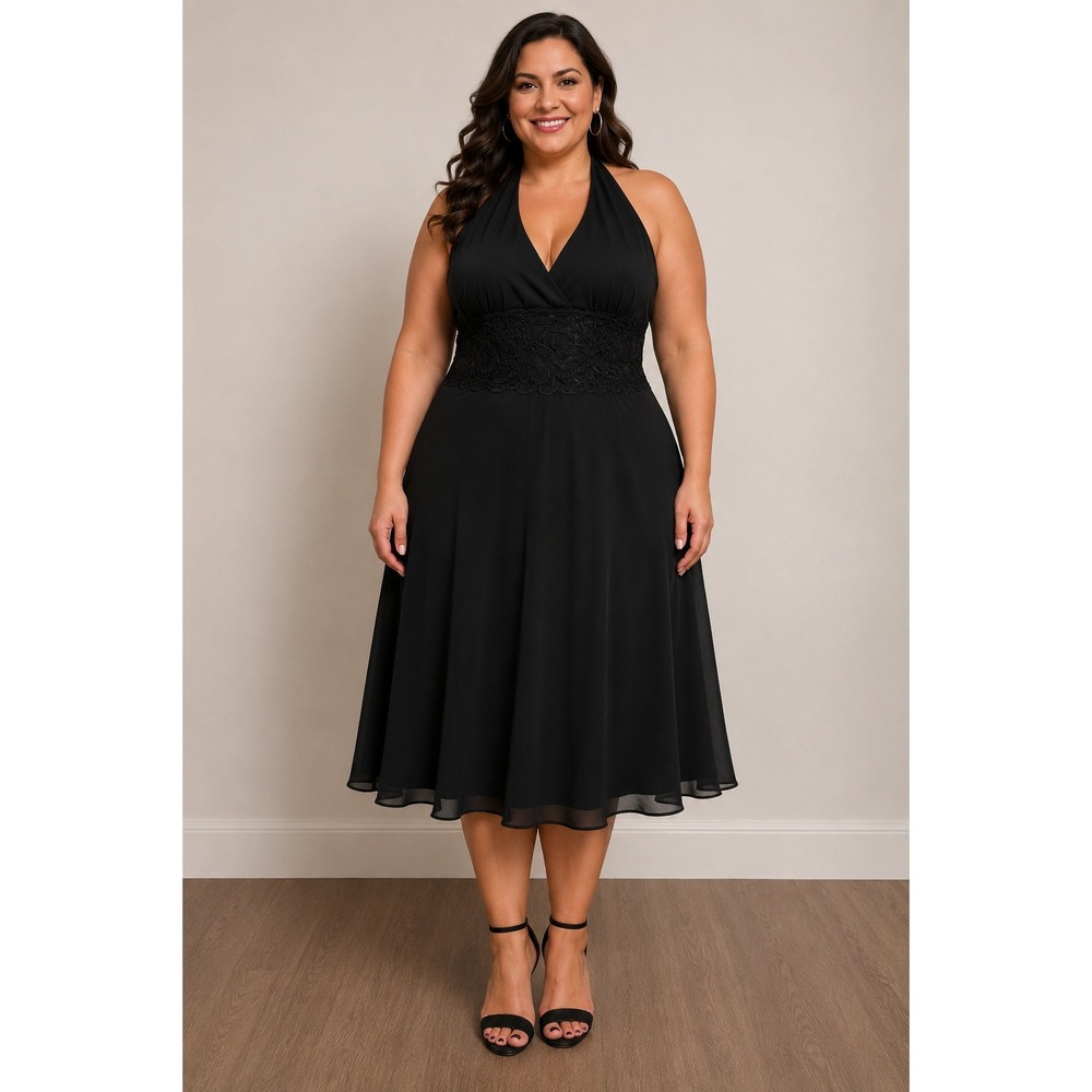 NWT R&M Richards Halter Dress Women Size 18 Black Lace Beaded Formal Cocktail